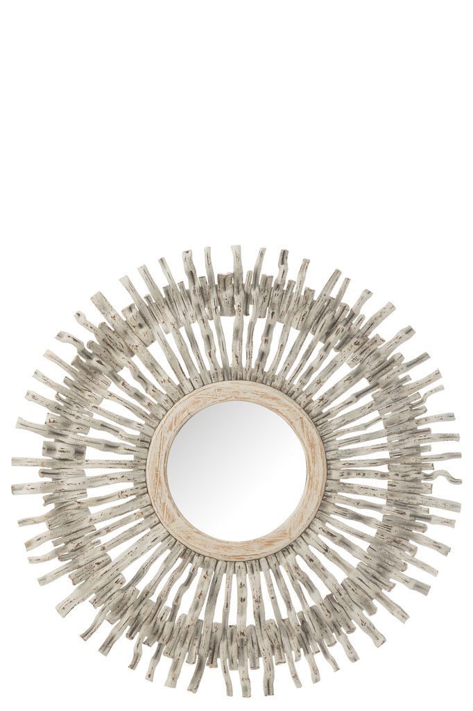 J-LINE SPIEGEL ROND ZON HOUT GEWASSEN WIT