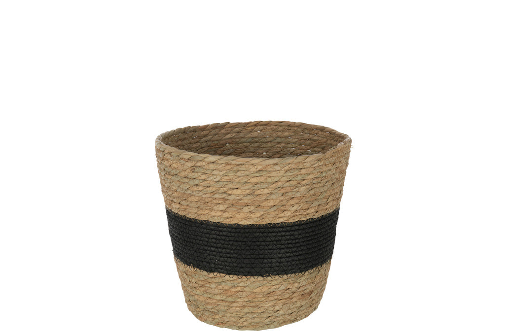 J-Line Ronde Mand met Strepen + Handvat Riet Naturel/Zwart