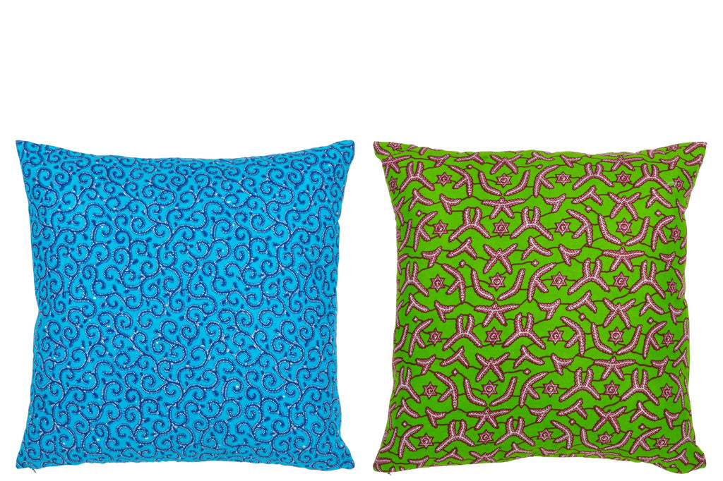 J-LINE KUSSEN PATROONSTOF – KATOEN/POLYESTER – GROEN/BLAUW – SET VAN 2 – 45 CM