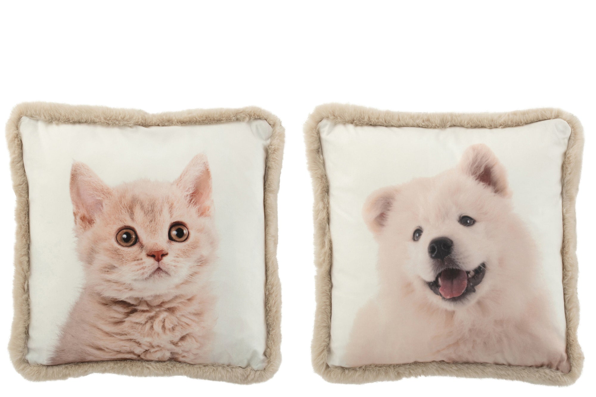 Kussen Hond/Kat Randen Bont/Polyester Wit/Beige Assortiment Van 2