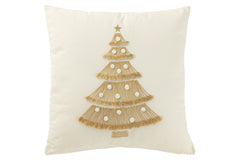 Kussen Kerstboom Franjes+Pompons Katoen Wit/Goud