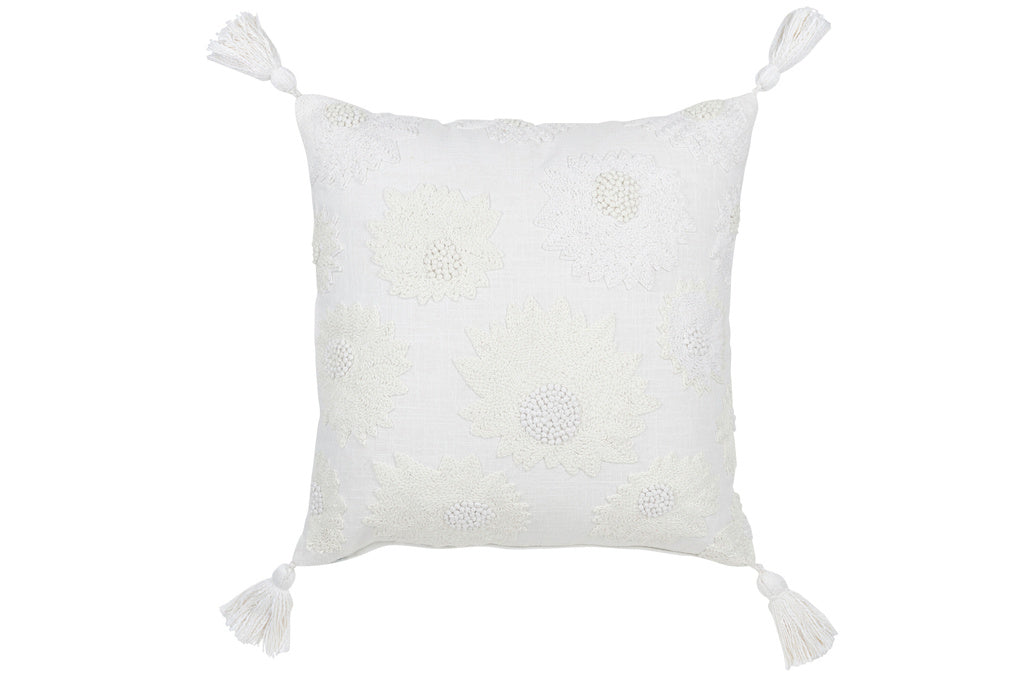 J-LINE KUSSEN BLOEMEN + KWASTJES – KATOEN – WIT – 45 CM