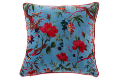 Kussen Vogels/Bloemen Katoenfluweel Blauw