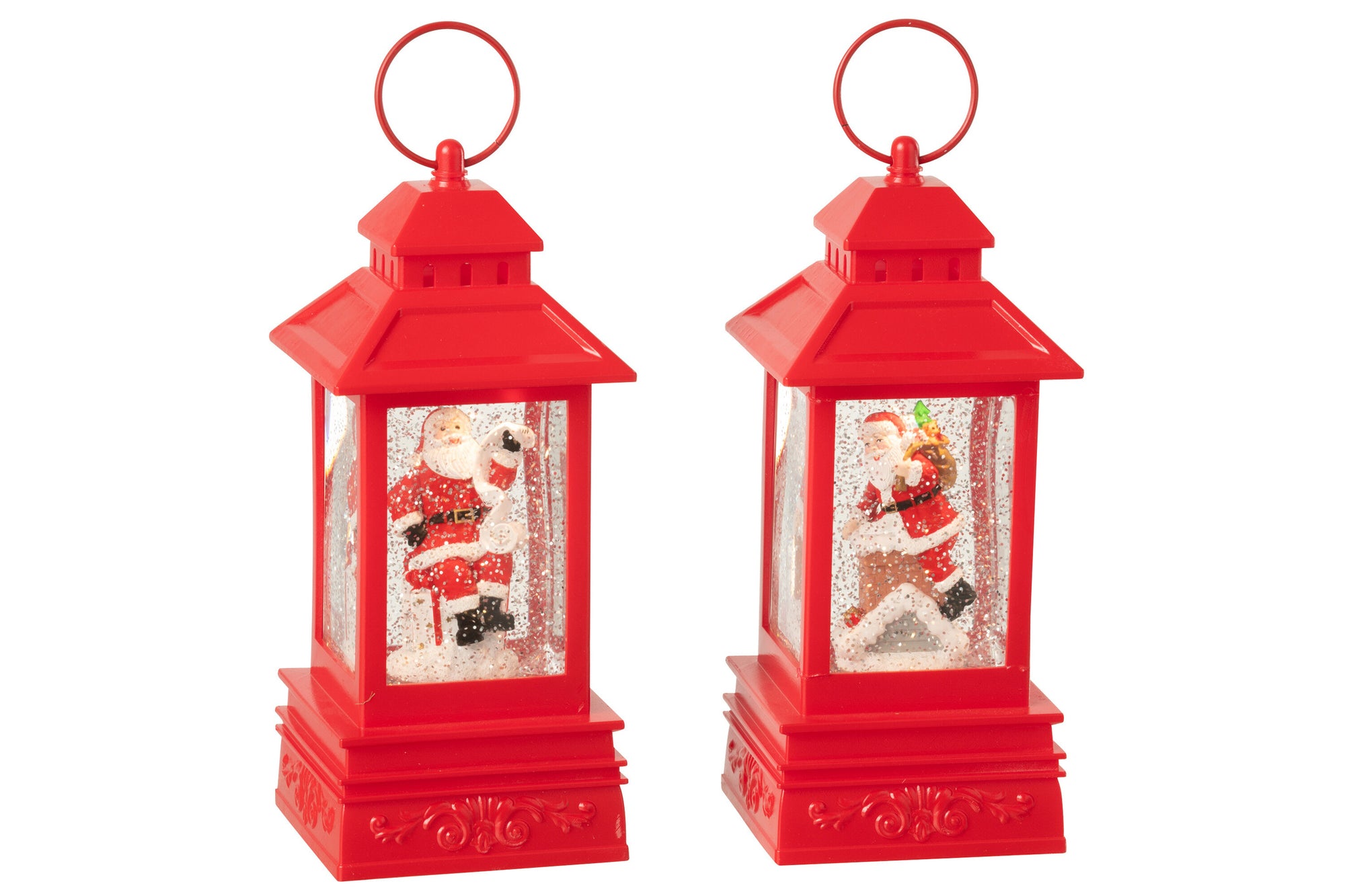 J-LINE WATER GLOBE LANTAARN KERSTMAN PLASTIC KERST ROOD ASSORTIMENT VAN 2