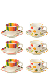 J-LINE BOX OF 3 CUP+SAUCER POLKA DOT STRIPE PORCELAIN MIX ASSORTMENT OF 2