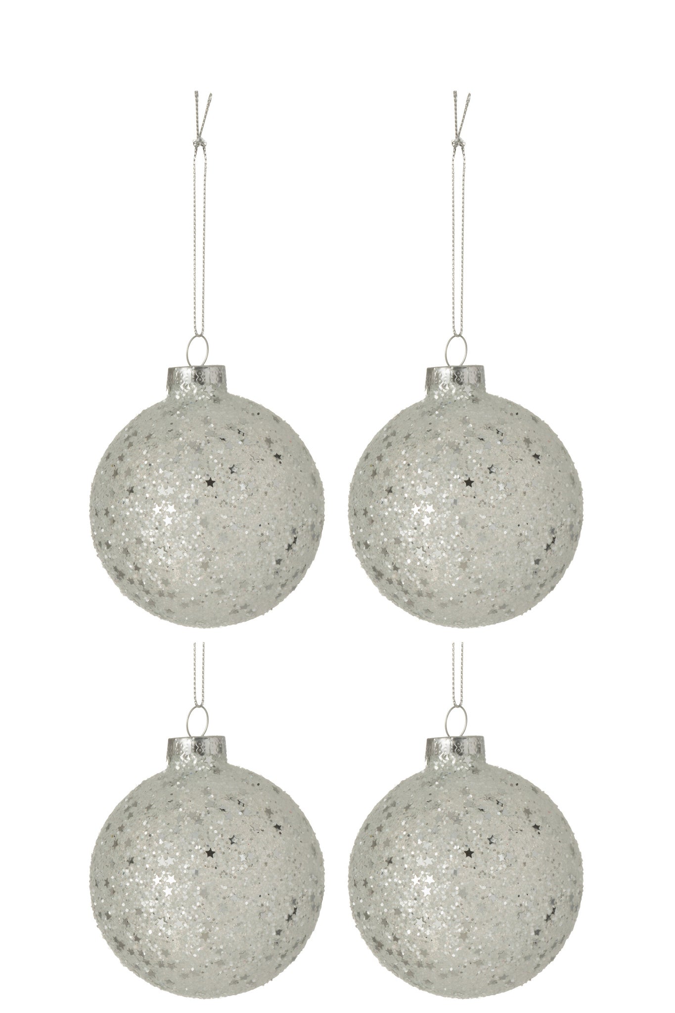J-LINE DOOS VAN 4 KERSTBALLEN STERREN GLAS ZILVER MEDIUM