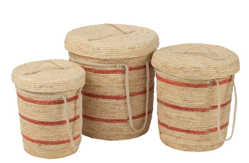 J-LINE SET VAN 3 MANDEN MET DEKSEL + STREPEN – MAISBLAD NATUUR/ROOD