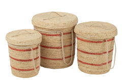 J-LINE SET VAN 3 MANDEN MET DEKSEL + STREPEN – MAISBLAD NATUUR/ROOD