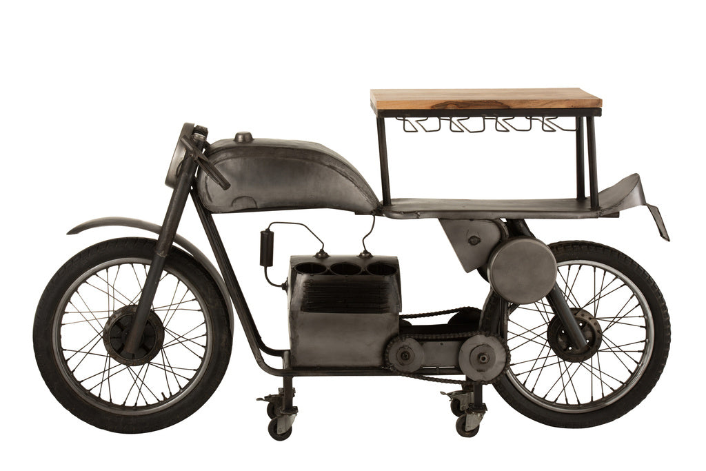 J-LINE BAR MOTORCYCLE 12GLASSES 6BOTTLES METAL/MANGO WOOD DONKERGRIJS/NATUUR