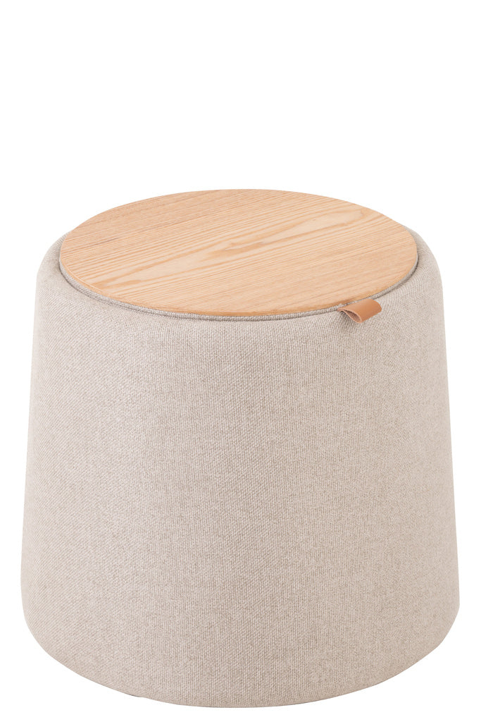 J-LINE POEF/SIDETABLE ROND TEXTIEL/HOUT BEIGE