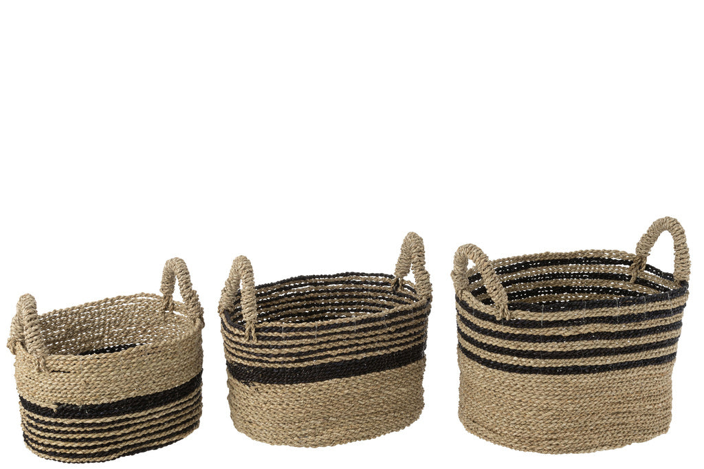 J-Line Set van 3 Manden Aline Raffia Zwart/Naturel