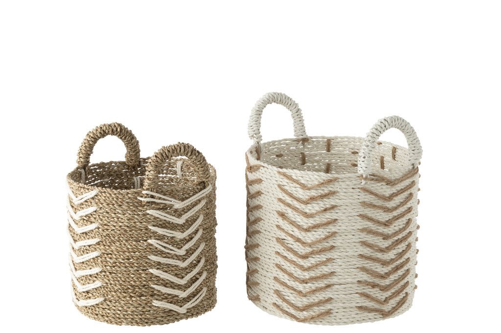 J-LINE SET VAN 2 MANDEN CHEVRON RAFFIA WIT/NATUREL