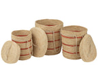 J-LINE SET VAN 3 MANDEN MET DEKSEL + STREPEN – MAISBLAD NATUUR/ROOD