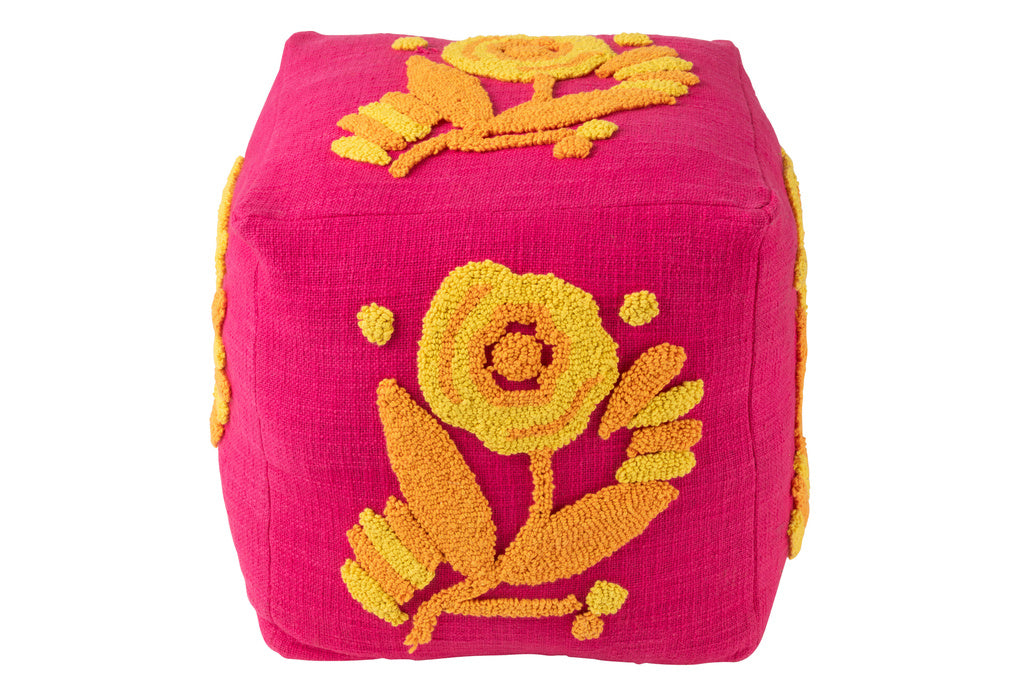 J-LINE POEF VIERKANT BLOEM KATOEN ROZE/ORANJE/GEEL