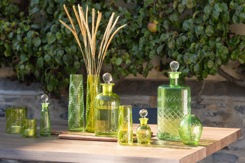 J-LINE VAAS BOL BLADEREN GLAS GROEN - TWEE STUKS