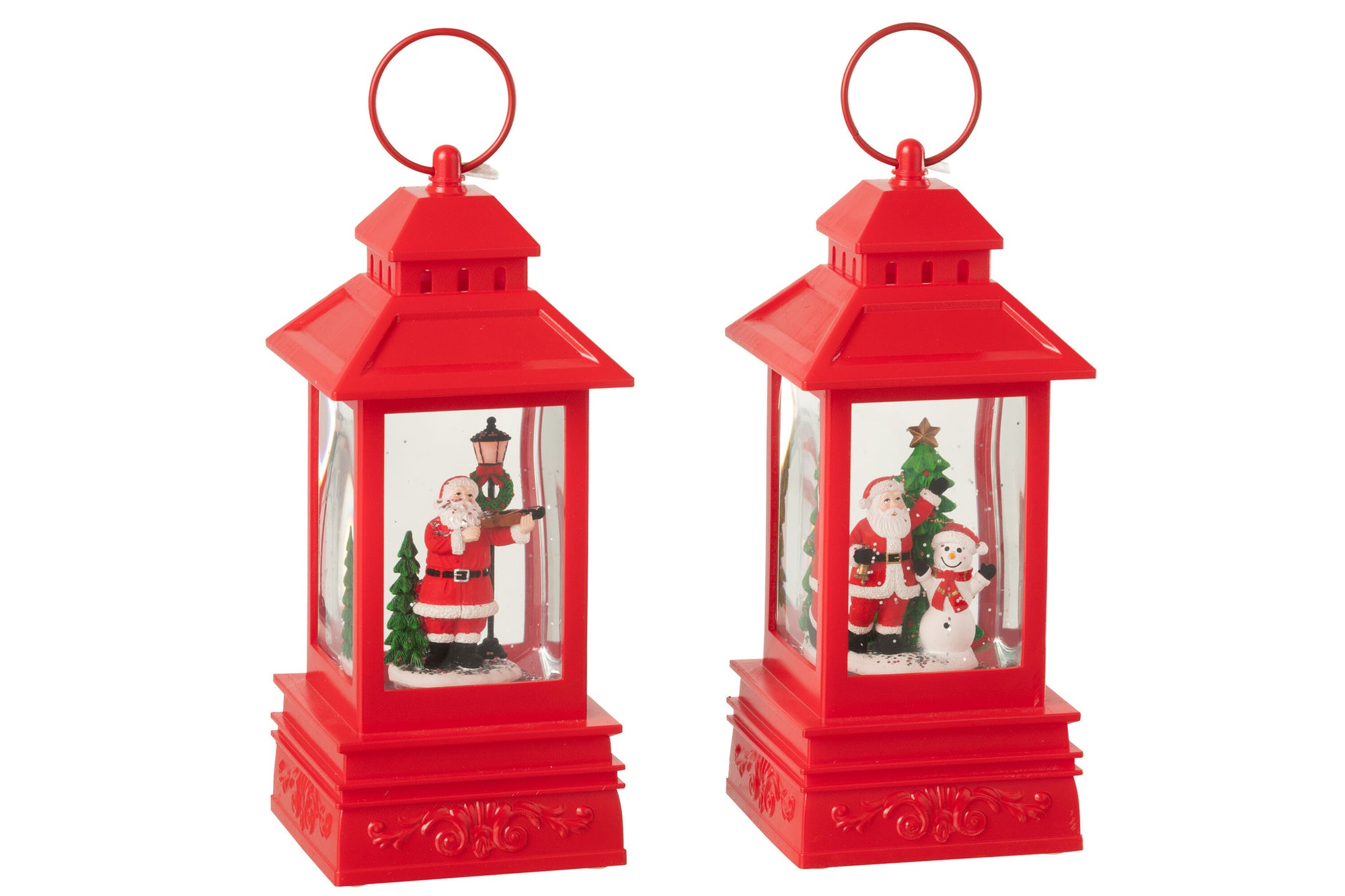  J-LINE WATER GLOBE LANTAARN KERSTMAN PLASTIC KERST ROOD – ASSORTIMENT VAN 2