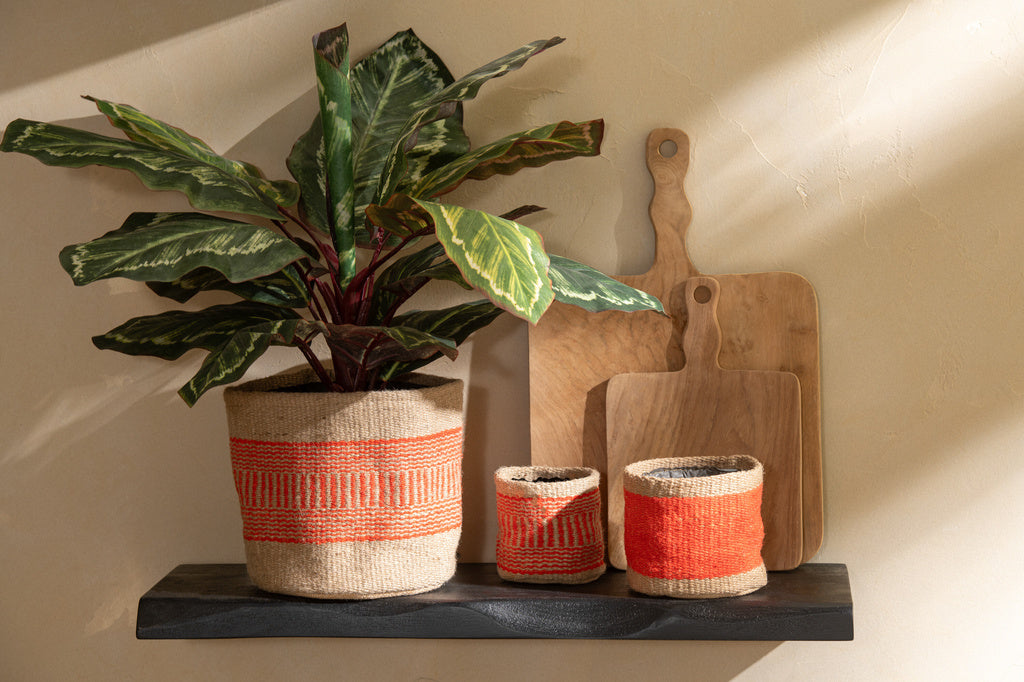 J-LINE RONDE MAND MET BAND JUTE NATUURLIJK/ORANJE MEDIUM - SET VAN 2