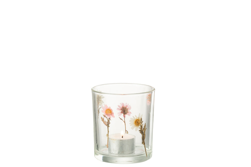J-LINE THEELICHTHOUDER PEGGY FLOWERS GLAS KLEIN