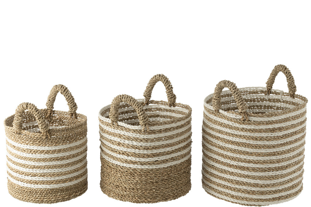 J-LINE SET VAN 3 MANDEN STREPEN RAFFIA WIT/NATUUR