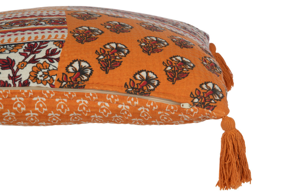 J-LINE KUSSEN FLOWERS + TASSELS – KATOEN ORANJE/RUST