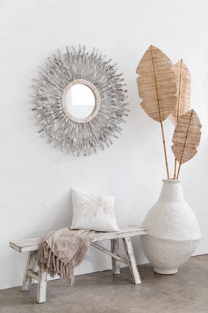 J-LINE SPIEGEL ROND ZON HOUT GEWASSEN WIT