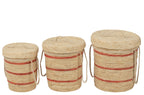 J-LINE SET VAN 3 MANDEN MET DEKSEL + STREPEN – MAISBLAD NATUUR/ROOD