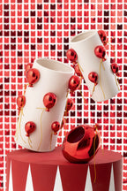 J-LINE VAAS BALLON KERAMIEK WIT/KERST ROOD GROOT