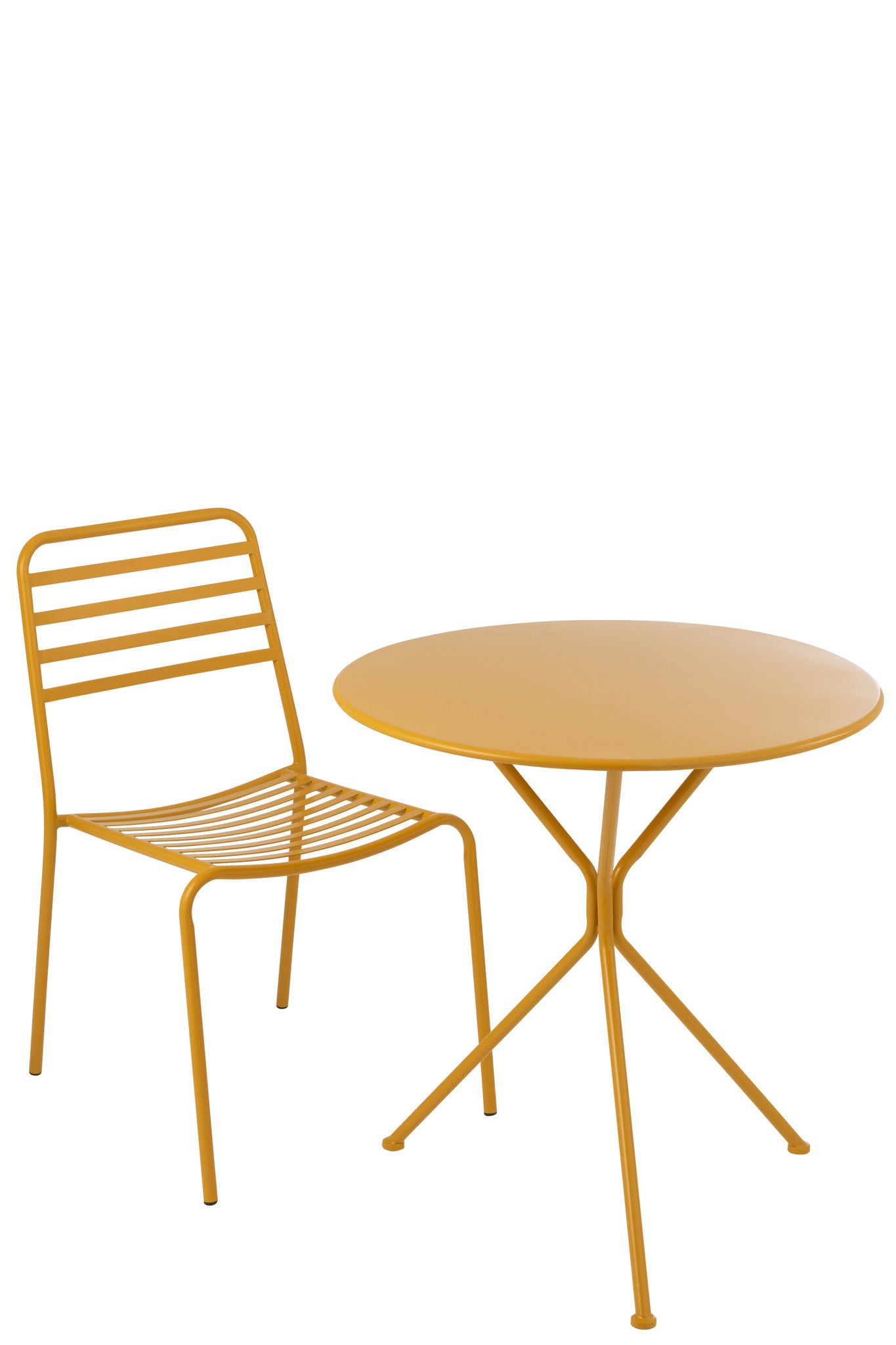 Grote ronde metalen tuintafel met driepoot in okergeel