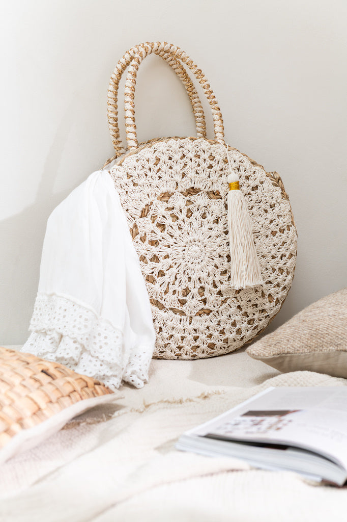 J-LINE STRANDTAS ROND + KWASTJE – ZEEGRAS/KANT NATUUR/WIT