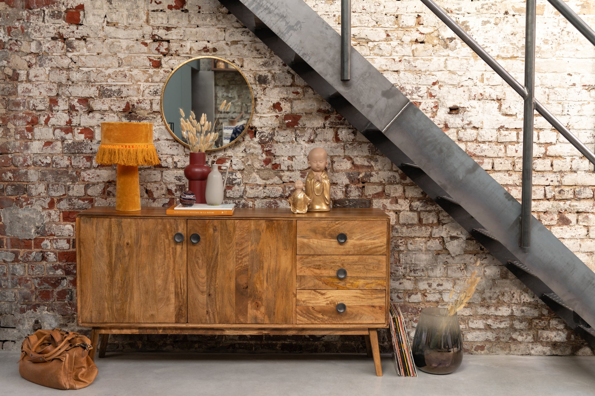 Ronde Mona-spiegel ijzer/glas goud medium