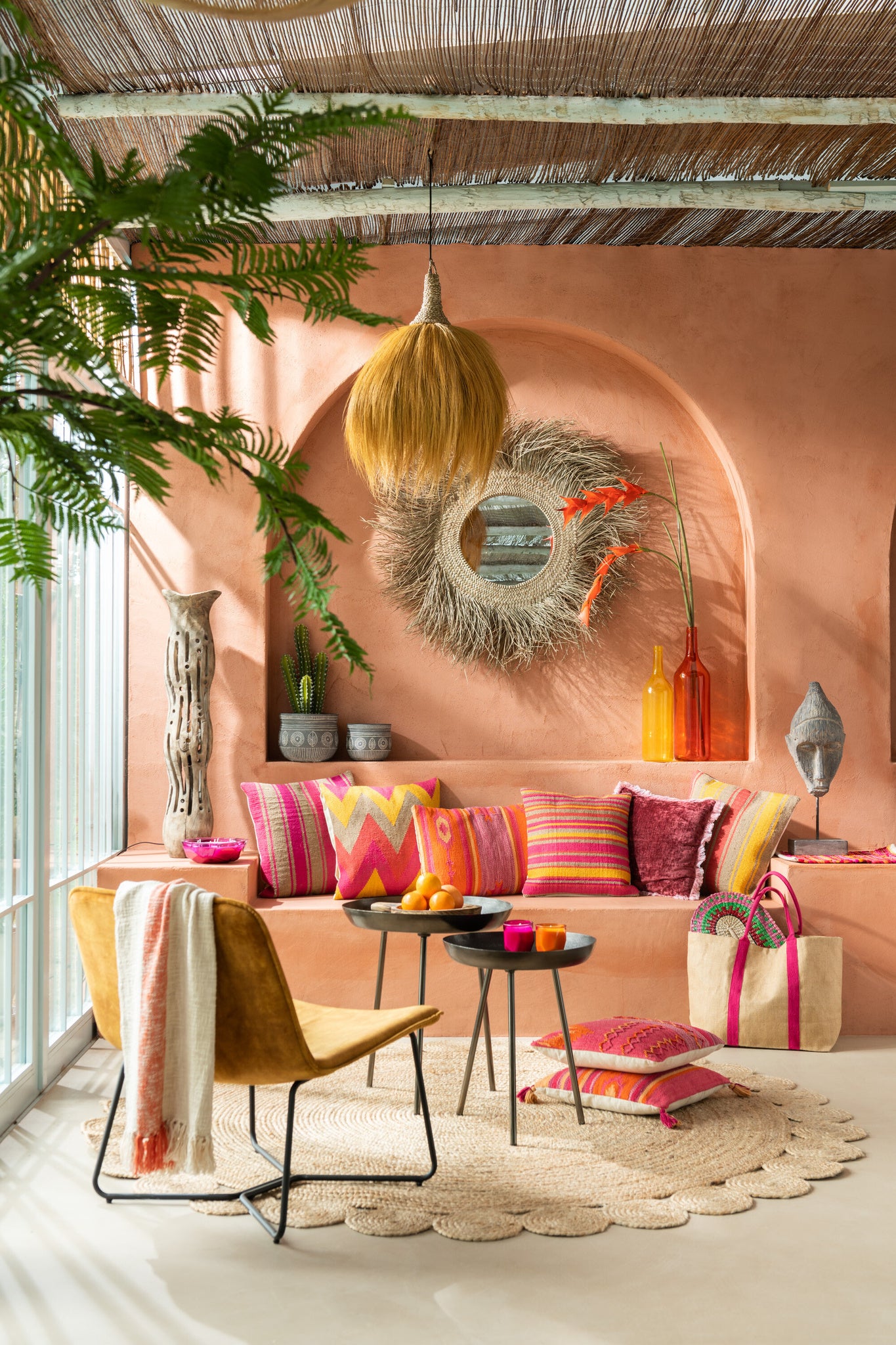 Kussen Happy Ethnic Gevlochten Vierkant Katoen Roze / Paars