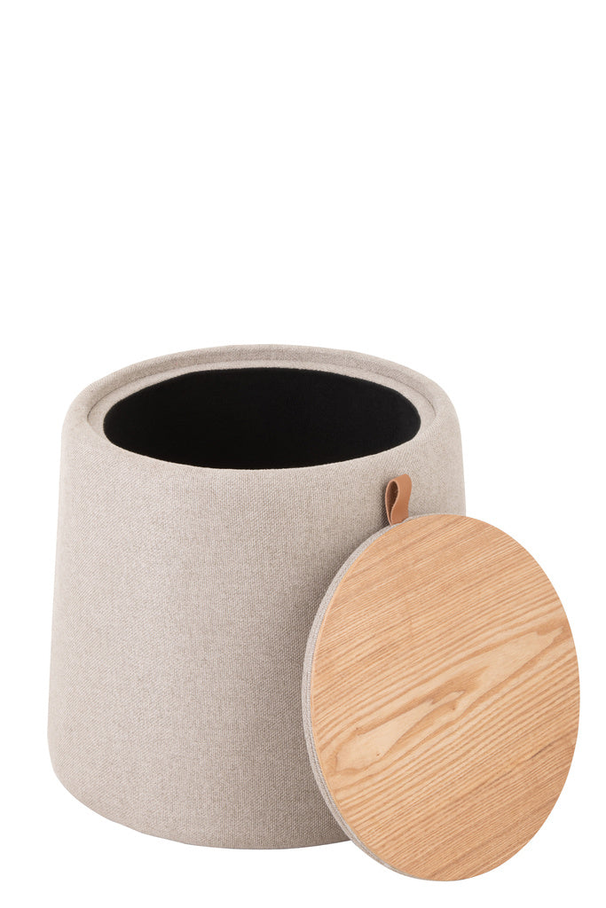 J-LINE POEF/SIDETABLE ROND TEXTIEL/HOUT BEIGE