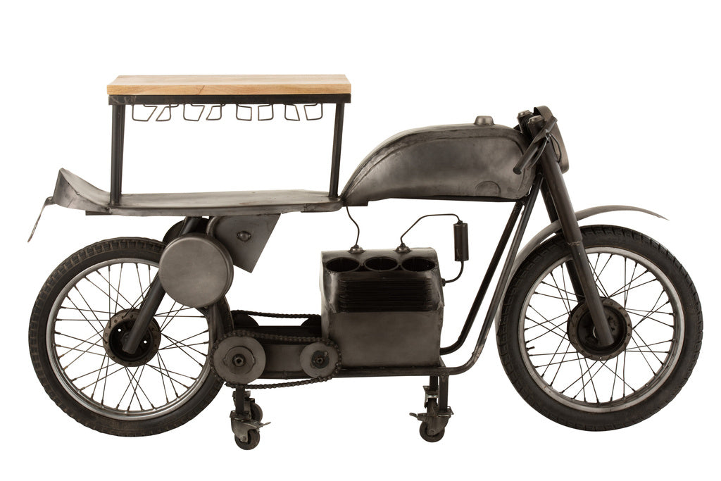 J-LINE BAR MOTORCYCLE 12GLASSES 6BOTTLES METAL/MANGO WOOD DONKERGRIJS/NATUUR
