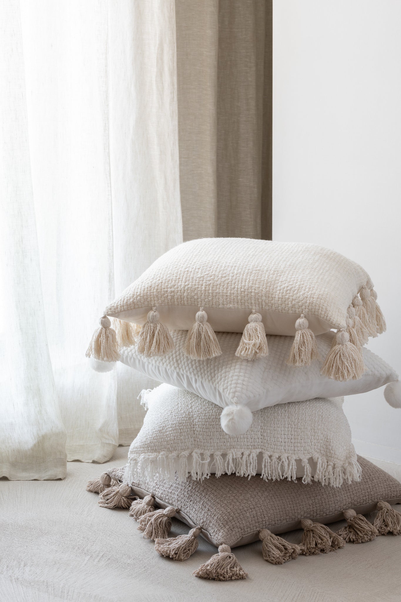 Kussen Zachte Pompons Polyester Wit