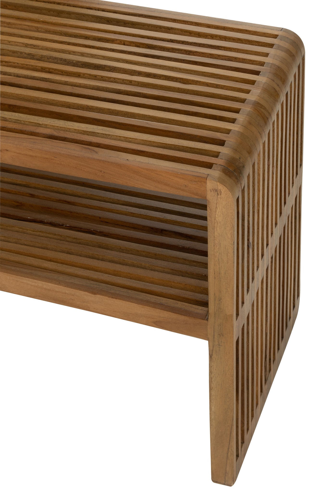 Set van 2 consoles met plank van gerecycled teakhout in natuurlijke kleur.