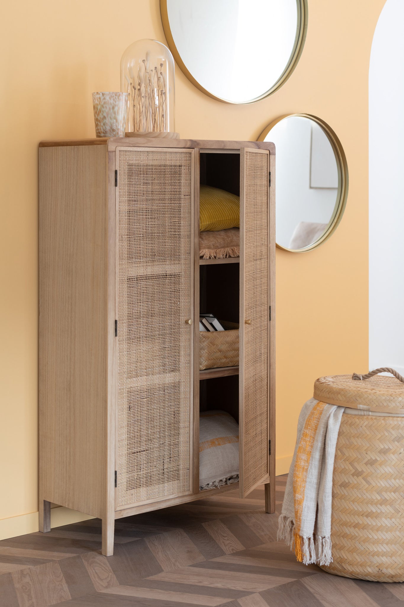 Ronde spiegel met hoge rand, metaal/glas, goud, groot