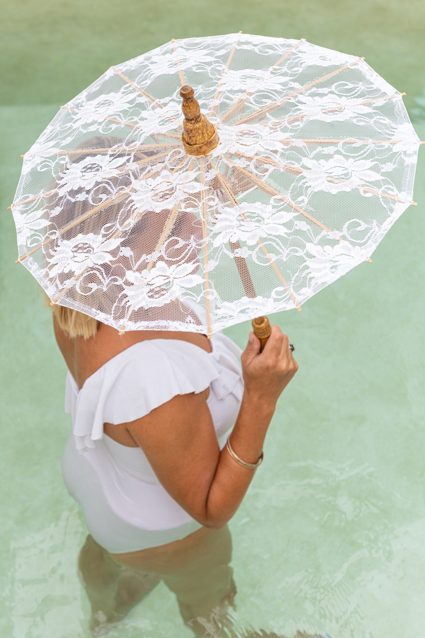 Parasol Patronen Kant Katoen/Hout Wit