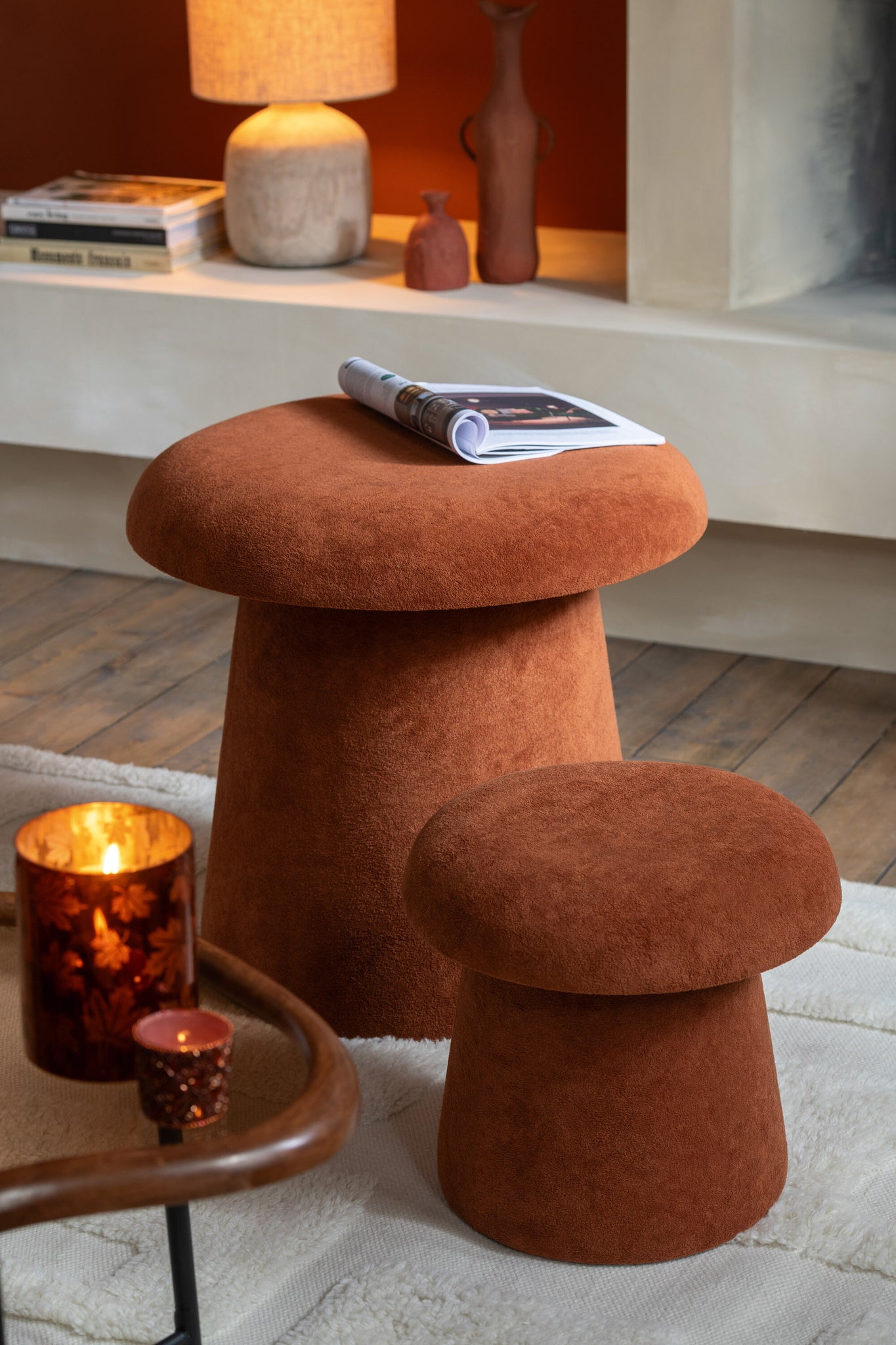 Set van 2 paddenstoelkrukjes MDF terracotta