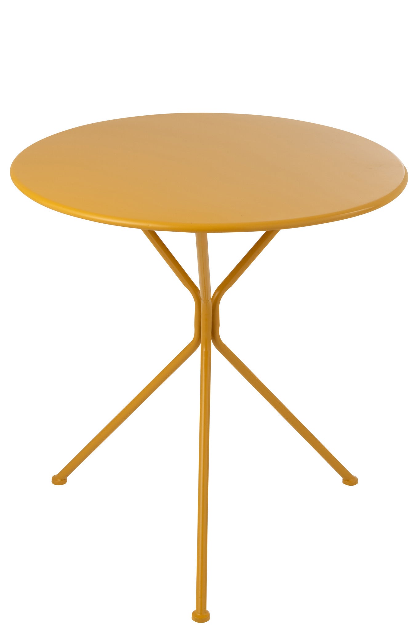 Grote ronde metalen tuintafel met driepoot in okergeel