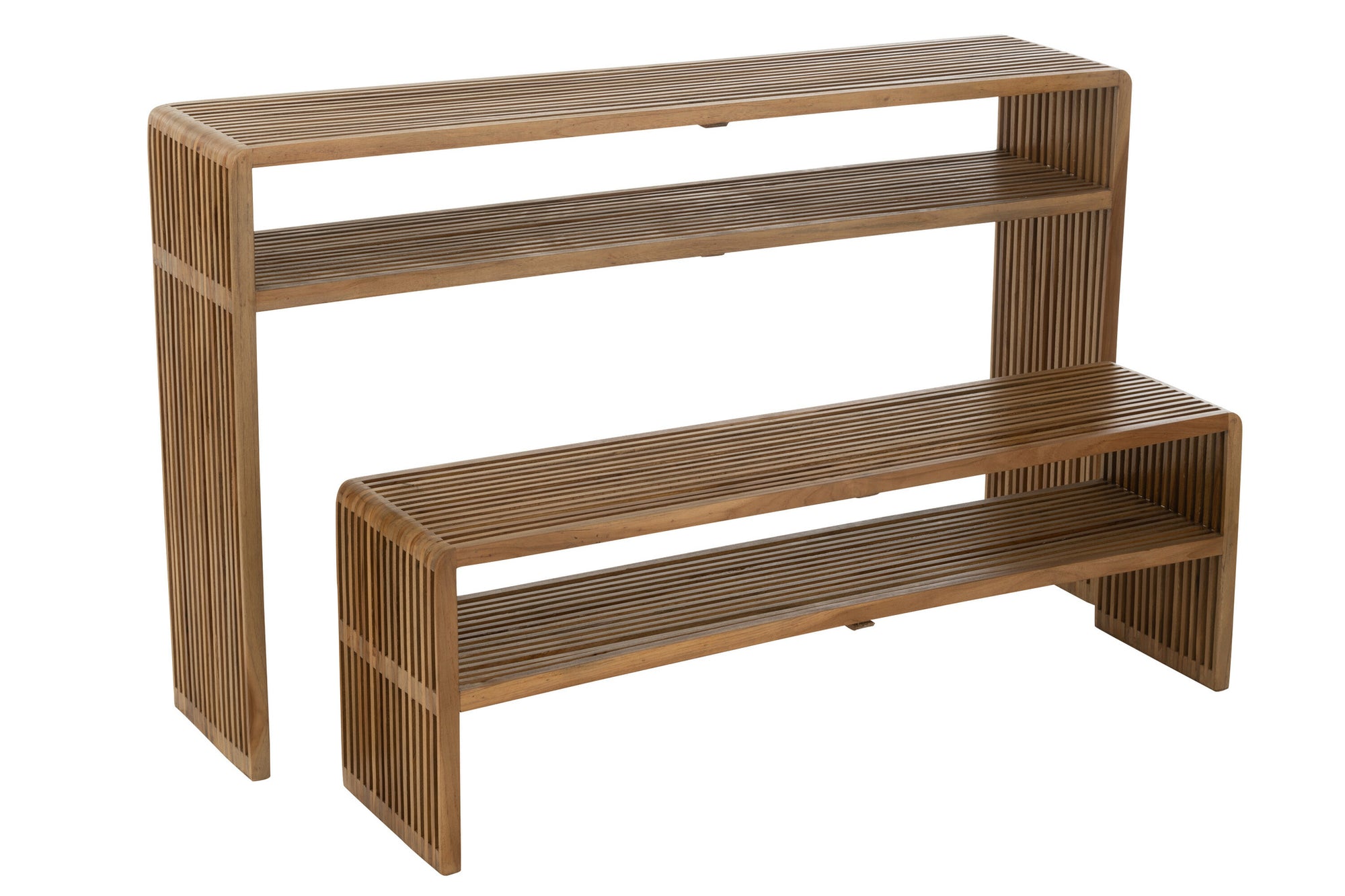 Set van 2 consoles met plank van gerecycled teakhout in natuurlijke kleur.