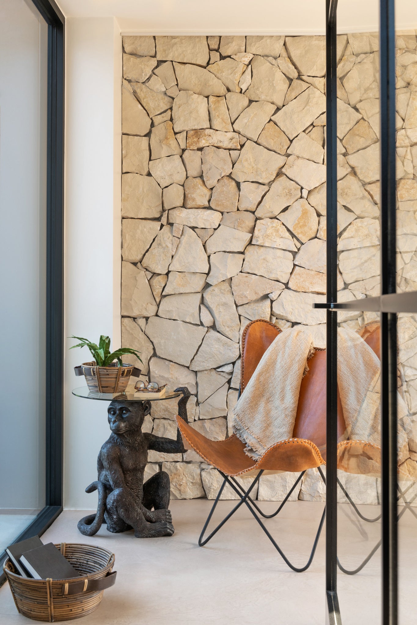 Loungestoel leer/metaal cognac